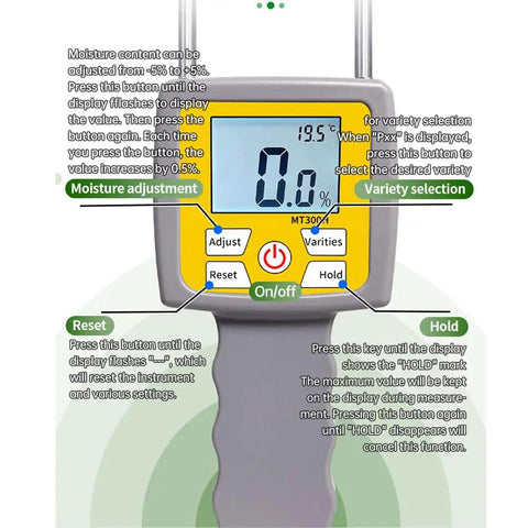 Portable Hay Moisture Meter With Long Probe For Bale Testing, Super Handy Digital Readout, 0-84% Range, 0.5 Percent Accuracy, Ideal For Alfalfa, Orchard Grass, Forage Grass, And Other Hays. front view display