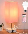 Pink Touch Control Table Lamp With 3 Way Dimmable Brightness And USB A And USB C Ports, White Base Modern Nightstand Light