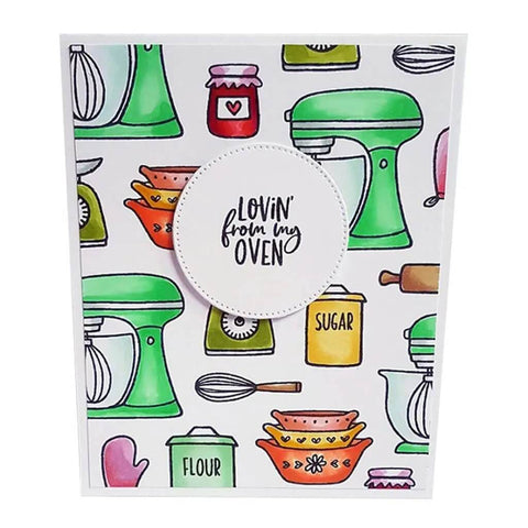 Craft card design using Silicone Clear Stamp And Die Set for card making and DIY embossing projects, featuring baking theme graphics.