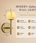 10 in Alabaster Wall Sconces Set of Two, Natural Marble Globe Wall Light, Modern Gold Wall Lamp for Living Room, wall light dimensions and material details.