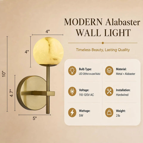 10 in Alabaster Wall Sconces Set of Two, Natural Marble Globe Wall Light, Modern Gold Wall Lamp for Living Room, wall light dimensions and material details.