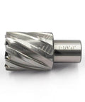 JESTUOUS annular cutter, front view: Weldon 3/4 in shank, 1-1/4 in cutting diameter, 1 in depth, HSS