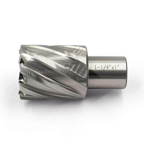 JESTUOUS annular cutter, front view: Weldon 3/4 in shank, 1-1/4 in cutting diameter, 1 in depth, HSS