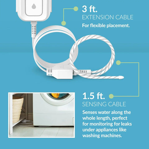 Smart WiFi Water Leak Detector Starter Kit With Two Sensors 100 dB Alarm App Alerts LED Strobe No Hub Needed Works With Google 1000ft Range Expandable System showing extension and sensing cables for placement and water detection.