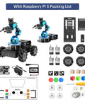 Front view of HIWONDER 6DOF robotic arm kit on a four-wheel Mecanum chassis with Raspberry Pi 5 components and tools