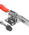 Heavy Duty Horizontal Adjustable Toggle Clamp Crafted From Premium 304 Stainless Steel with a red lever and mounting hardware.