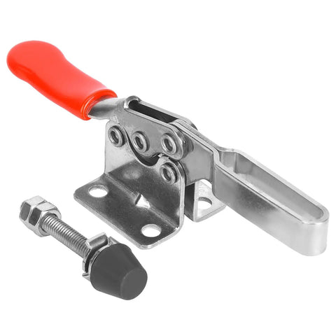 Heavy Duty Horizontal Adjustable Toggle Clamp Crafted From Premium 304 Stainless Steel with a red lever and mounting hardware.