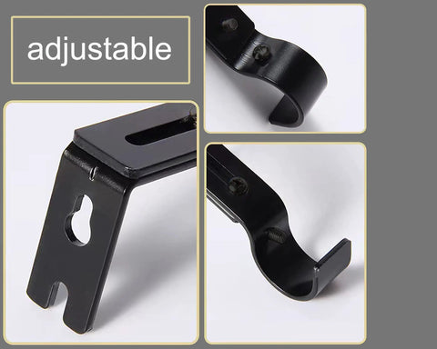 Heavy Duty Adjustable Curtain Rod Brackets close-up, rust resistant black iron, adjustable design for 1 inch rods.