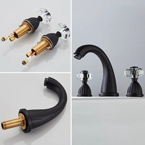 Black Three Hole Widespread Bathroom Faucet With Two Crystal Handles for vintage sink, brass lead free body, no drip cartridge