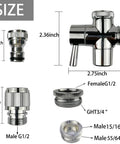 Size specifications for Faucet Diverter Valve With Quick Connection From Sink To Garden Hose And Shower Hose.