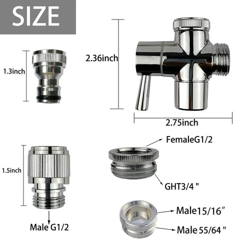 Size specifications for Faucet Diverter Valve With Quick Connection From Sink To Garden Hose And Shower Hose.