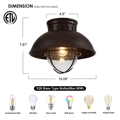 Outdoor Farmhouse Ceiling Light 10 Inch Flush Mount In Oil Rubbed Bronze With Metal Cage And Seeded Glass Semi Entry Hall Light Fixture For Porch Patio Or Foyer with bulb options displayed.