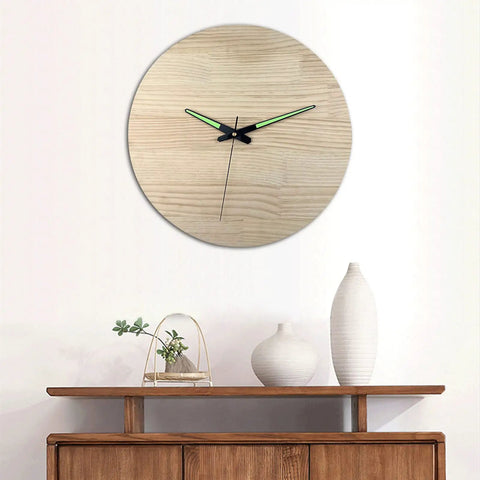 Wall clock using Quartz Clock Movement Kit For Repair And Replacement With Short Shaft on wooden face, decorative shelf below.