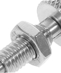 Close-up of Rock Solid Stainless Steel Retractable Locking Plunger with knurled grip and metal nut for heavy duty applications.