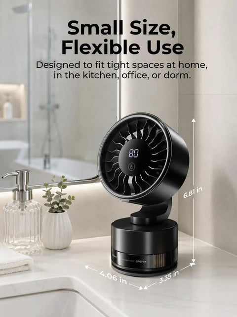 Compact USB Desk And Wall Mount Fan With Suction Cup Base And Digital LED Display Six Speeds Quiet Oscillating Motion Adjustable Tilt on counter