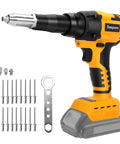Daspom Cordless Pop Rivet Gun With Brushless Motor, includes rivets and tools for metal fastening, suitable for DIY and auto work.