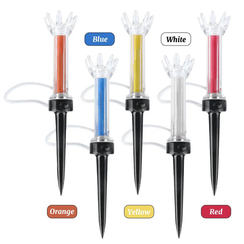 High-Performance 5 Pack Golf Tees With 360 Degree Rotating Base Low Friction Crown Patented Bounce Tech And Magnetic Construction For Plus 15 Yards USGA Approved Fits Most Drivers, featuring color-coded bases in blue, white, yellow, orange, and red.