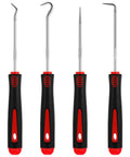 4 Piece Auto Mechanic Pick And Hook Set Pro Grade Grab And Go Tools For Quick Car Oil Seal Removal Includes 135 Degree Curved Hook 90 Degree Hook 45 Degree Hook Sharp Drill 6.5 Inch Red Handles Built To Last In Tight Spots. 4-piece steel picks with red handles