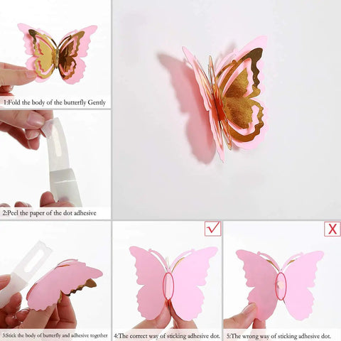 Instructions for assembling Silver Blue Teal Butterfly Wall Decals Set 27 Pieces 3D Glitter Butterflies Wall Art steps shown.