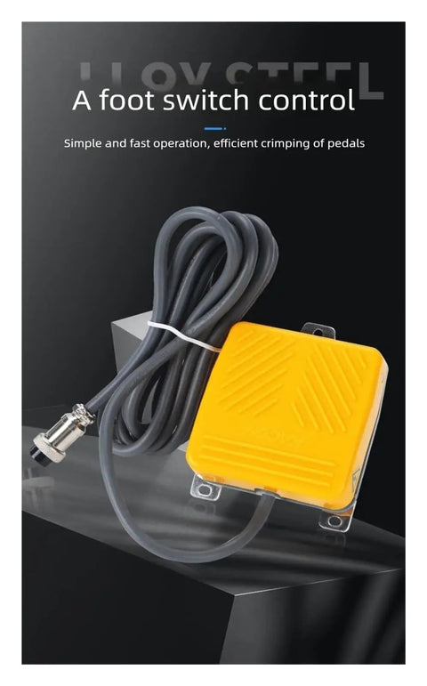 Heavy Duty Electric Terminal Crimping Machine With Built In Wire Stripper Cutter For All Terminals foot switch control with yellow pedal and cable.