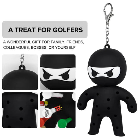 Ninja Golf Tee Holder Keychain Portable Tee Organizer For Golf Bags Includes 10 Colorful Tees A Dope Gift For Men And Women Black On The Course Accessory displayed.