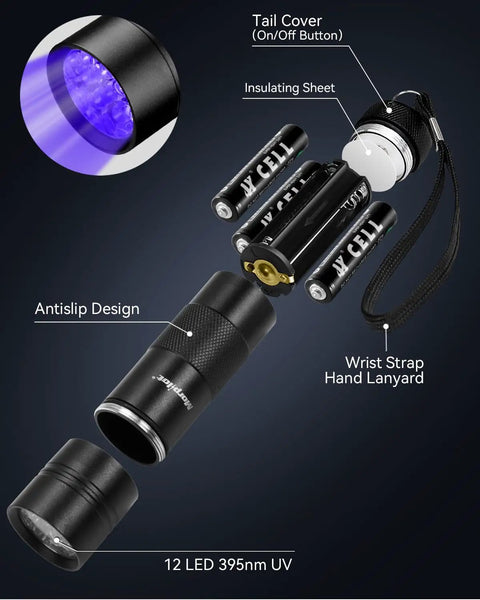 Diagram showing Four Pack UV Blacklight Flashlights With Twelve LED 395nm Ultraviolet Detectors, batteries, and features