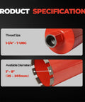 Diamond core drill bit for concrete; red housing shows 1-1/4 in 7 UNC thread and 1-8 in diameter range.