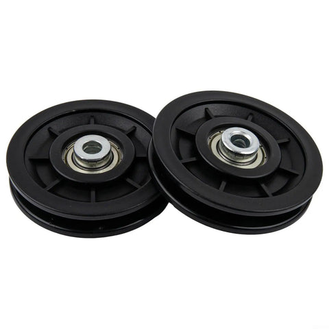 Beefed-Up Nylon Bearing Pulley Wheel Set For Gym Gear And Cable Machines, Smooth Silent Replacement Rollers For Home Fitness And Garage Door Systems, Black 90mm Durable Quiet Workout Components, two black nylon bearing pulleys