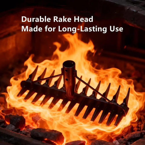 63 Inch Dethatcher Rake With Upgraded Dual Action Tines, 32-Tine Dual-Sided Head heating in furnace, symbolizing durability