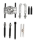Heavy Duty 9 Piece Bearing Puller Set With Steel Separator Tool Kit Removes Wheel Hubs Axles And Pinions Convertible jaws laid out on white