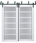 Bypass Sliding Barn Doors Set With Frosted Glass And Solid Wood Panels 60x96 Inches White Modern Interior Style