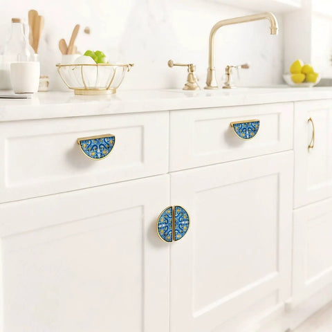Azulejo Style Portuguese Tile Cabinet Handles 2 Pack 3 Inch Center Hole Semicircle Drawer Pulls Solid Zinc Alloy Hardware Gold Finish