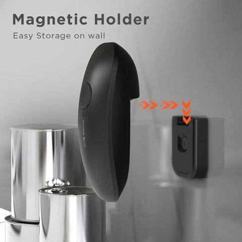 Canslab Ultrablade Pro Electric Can Opener with magnetic holder for easy storage on wall, sleek black design.