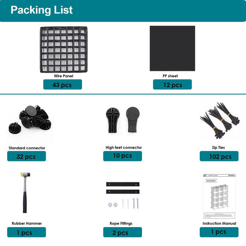 Packing list of 12 Cube Metal Wire Storage Organizer With Stackable Grid Shelves showing components including wire panels and connectors.