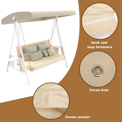 Waterproof Swing Canopy Replacement For 3 Seater Patio Chairs No-Fuss Easy Install Top Cover Beige Garden Porch Hammock Shelter 210D Oxford Cloth Weatherproof Protection For All Weather showing fasteners and pockets