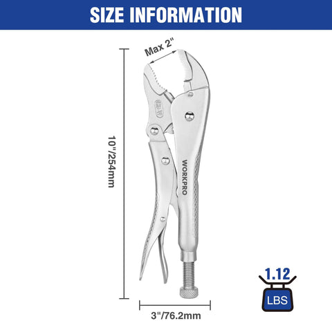 10 Inch Curved Jaw Locking Pliers With Wire Cutter Beefy Heavy Duty Chrome Vanadium Steel Vise Grips, size information displayed.
