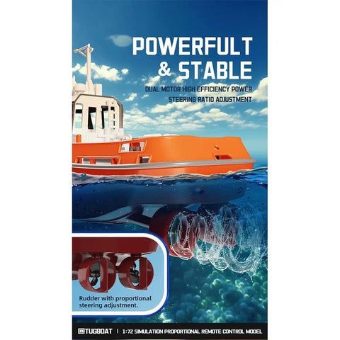 Dope 1/72 Scale RC Tugboat For Adults, side view showing dual motor and steering detail, orange design over water with power text.