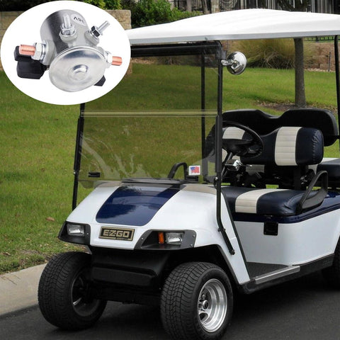 36V EZGO Solenoid Relay Kit For EZGO Electric Golf Cart with copper contacts and flat mount bracket shown on a golf cart