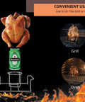 Premium Stainless Steel Beer Can Chicken Roaster Stand For Grill And Smoker With Handle, shown in use with beer can and chicken