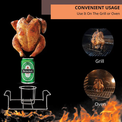 Premium Stainless Steel Beer Can Chicken Roaster Stand For Grill And Smoker With Handle, shown in use with beer can and chicken