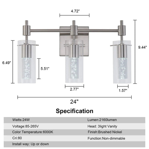 3 Light Brushed Nickel LED Vanity Light With Crystal Bubble Glass And Clear Glass Shades, 24 Inch Modern Bathroom Fixture Over Mirror specifications
