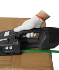 Heavy Duty Portable Electric Strap Gun For PP Pet Straps With Badass Auto Melting Tension Regulator and Slick Dual Batteries for quick pallet wrapping in use.