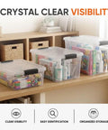 Clear Plastic Storage Bins With Snap On Lids For Home Office Organization Stackable Crates BPA Free Non Toxic Craft And Tool Organizer 13.7 Quart 12 Pack on wooden table.