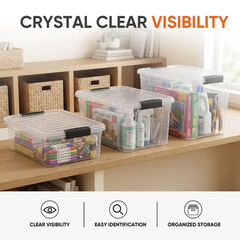 Clear Plastic Storage Bins With Snap On Lids For Home Office Organization Stackable Crates BPA Free Non Toxic Craft And Tool Organizer 13.7 Quart 12 Pack on wooden table.