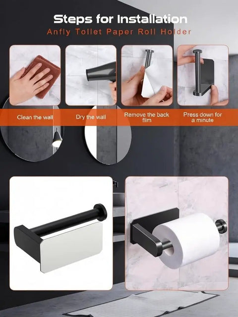 Self Adhesive RV Toilet Paper Holder With Two Hanging Hooks For Campers No Drill Wall Mount Black Finish installation steps