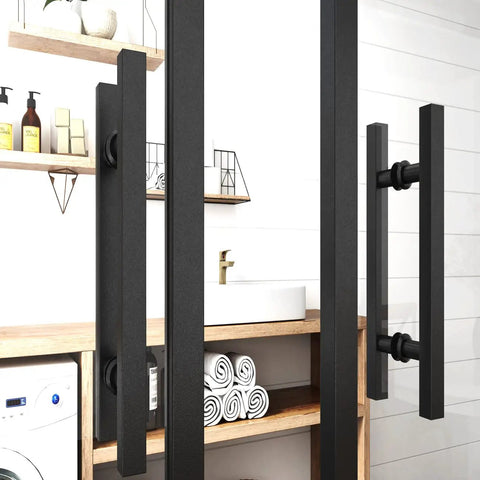 24 Inch Matte Black H-Shape Double-Sided Barn Door Pull Handle Set for glass and wood doors in a modern bathroom setup