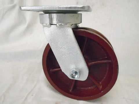 Hella Tough 6 Inch Ductile Steel Swivel Caster, kingpinless design, bright red wheel, 1500 lbs capacity.