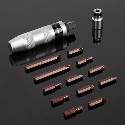 Half Inch Hand Manual Impact Driver Set With Reversible Hammer And Twelve Piece Slotted Phillips And Hex Bit Collection