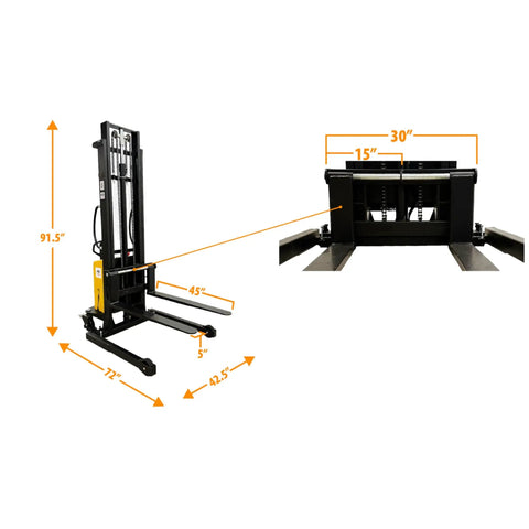Wide Leg Semi Electric Pallet Stacker Built Tough To Hustle 3307 Pound Pallets Straight Up To 138 Inches side view dimensions 72 x 45 x 91.5 inches