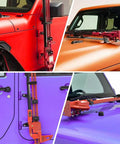 Heavy Duty Hi Lift Jack Mount for Jeep Wrangler Hood and Door Hinges Keeps Your Jack Off The Seats and Out Of The Cabin Fits 2007 to 2022 Wrangler JK JKU JL JLU Easy Front Or Rear Mount Steel Construction With Anti Corrosion Finish shown installed on hood and door hinge of various Jeeps in red, orange, and purple color.